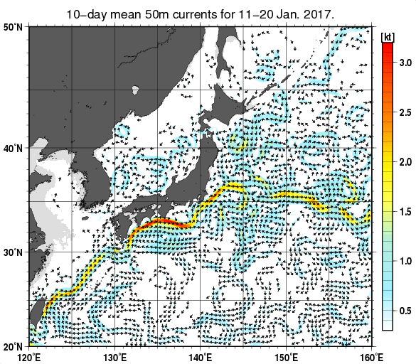 日本近海の深さ50mの旬平均海流分布図（2017年1月中旬）