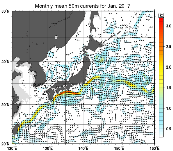 日本近海の深さ50mの月平均海流分布図（2017年1月）