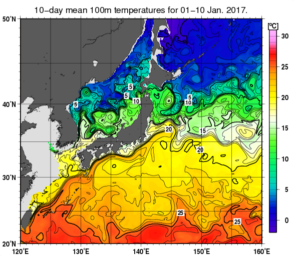 日本近海の深さ100mの旬平均水温分布図（2017年1月上旬）