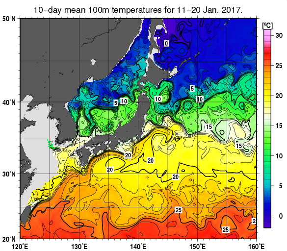 日本近海の深さ100mの旬平均水温分布図（2017年1月中旬）