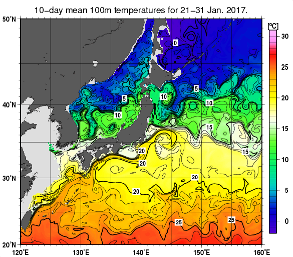 日本近海の深さ100mの旬平均水温分布図（2017年1月下旬）