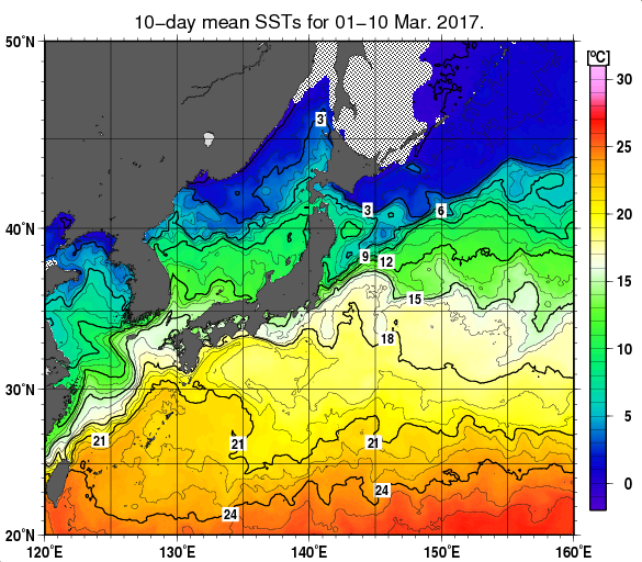 日本近海の旬平均海面水温分布図（2017年3月上旬）