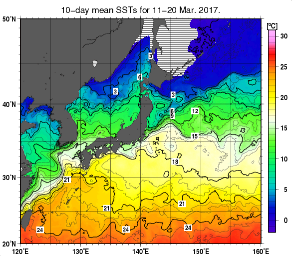 日本近海の旬平均海面水温分布図（2017年3月中旬）
