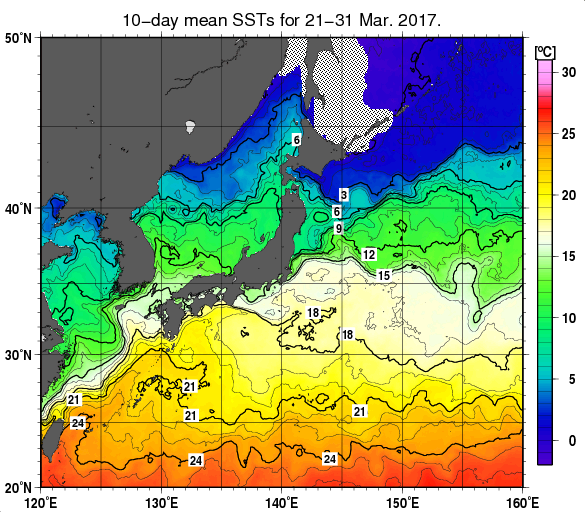 日本近海の旬平均海面水温分布図（2017年3月下旬）
