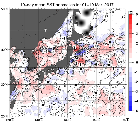 日本近海の旬平均海面水温平年差分布図（2017年3月上旬）