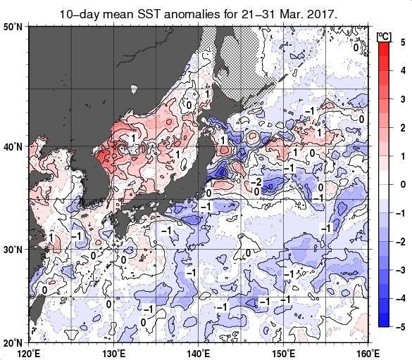 日本近海の旬平均海面水温平年差分布図（2017年3月下旬）