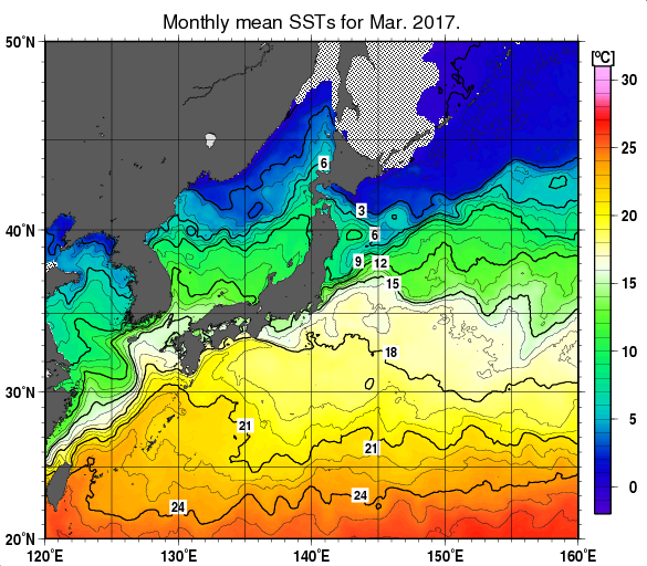 日本近海の月平均海面水温分布図（2017年3月）