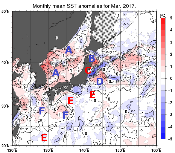 日本近海の月平均海面水温平年差分布図（2017年3月）
