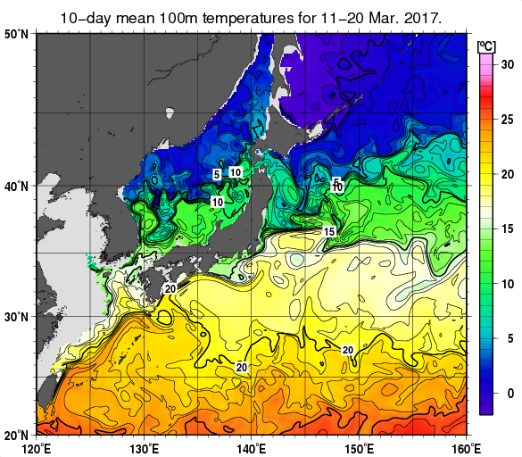 日本近海の深さ100mの旬平均水温分布図（2017年3月中旬）
