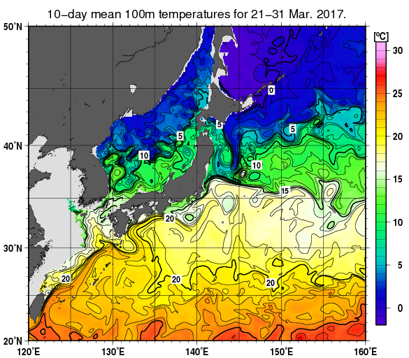 日本近海の深さ100mの旬平均水温分布図（2017年3月下旬）