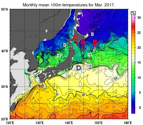 日本近海の深さ100mの月平均水温分布図（2017年3月）