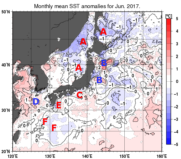 日本近海の月平均海面水温平年差分布図（2017年6月）