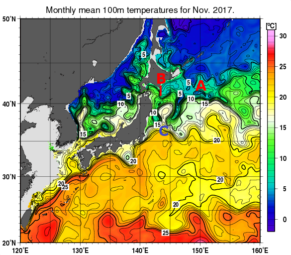 日本近海の深さ100mの月平均水温分布図（2017年11月）