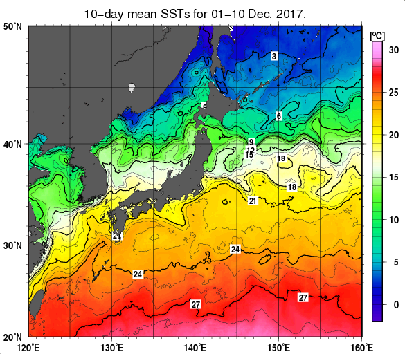 日本近海の旬平均海面水温分布図（2017年12月上旬）