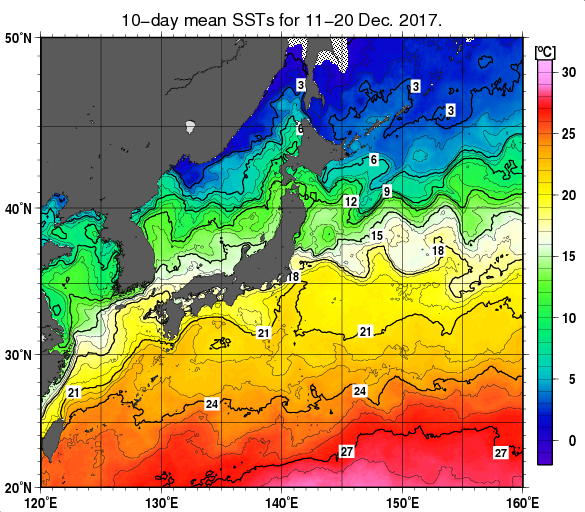 日本近海の旬平均海面水温分布図（2017年12月中旬）