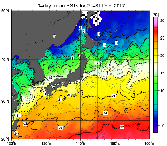 日本近海の旬平均海面水温分布図（2017年12月下旬）