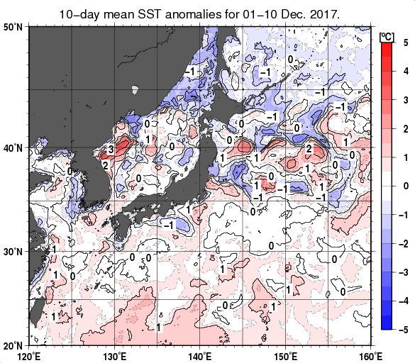 日本近海の旬平均海面水温平年差分布図（2017年12月上旬）