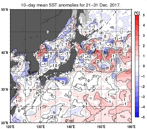 日本近海の旬平均海面水温平年差分布図（2017年12月下旬）