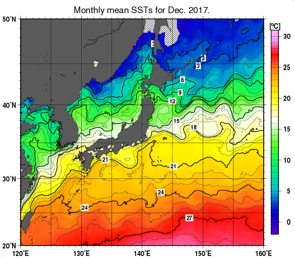 日本近海の月平均海面水温分布図（2017年12月）
