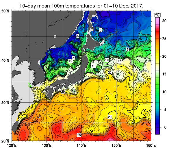 日本近海の深さ100mの旬平均水温分布図（2017年12月上旬）