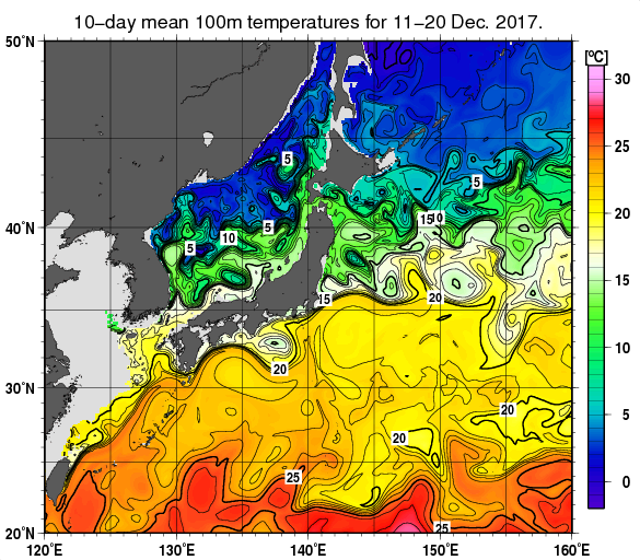 日本近海の深さ100mの旬平均水温分布図（2017年12月中旬）