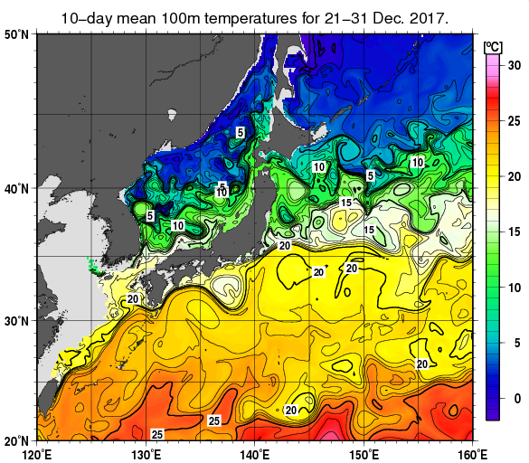 日本近海の深さ100mの旬平均水温分布図（2017年12月下旬）