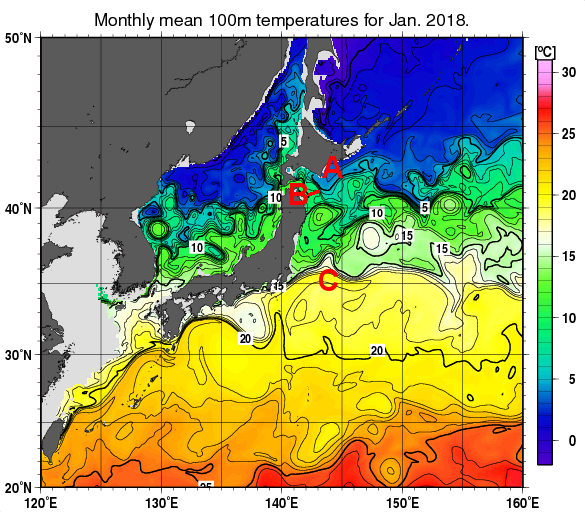 日本近海の深さ100mの月平均水温分布図（2018年1月）