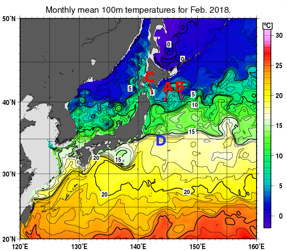 日本近海の深さ100mの月平均水温分布図（2018年2月）