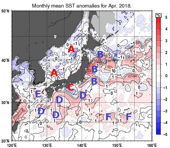 日本近海の月平均海面水温平年差分布図（2018年4月）