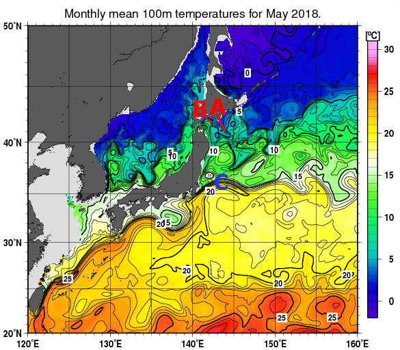 日本近海の深さ100mの月平均水温分布図（2018年5月）