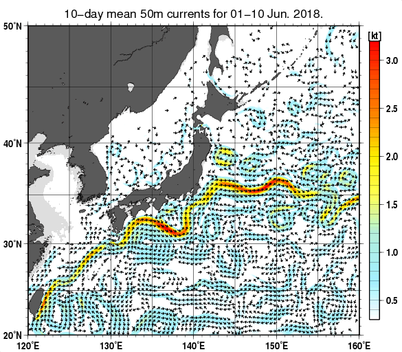 日本近海の深さ50mの旬平均海流分布図（2018年6月上旬）
