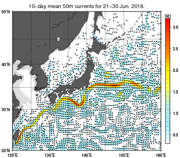 日本近海の深さ50mの旬平均海流分布図（2018年6月下旬）