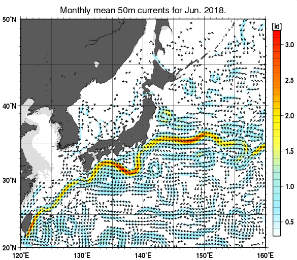 日本近海の深さ50mの月平均海流分布図（2018年6月）