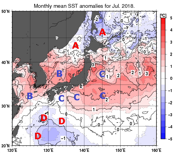 日本近海の月平均海面水温平年差分布図（2018年7月）