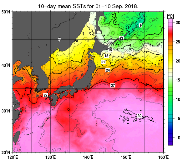 日本近海の旬平均海面水温分布図（2018年9月上旬）