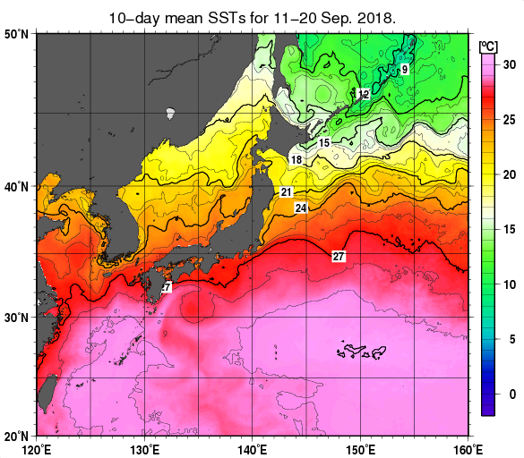 日本近海の旬平均海面水温分布図（2018年9月中旬）