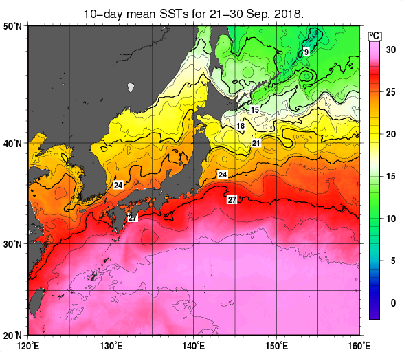 日本近海の旬平均海面水温分布図（2018年9月下旬）