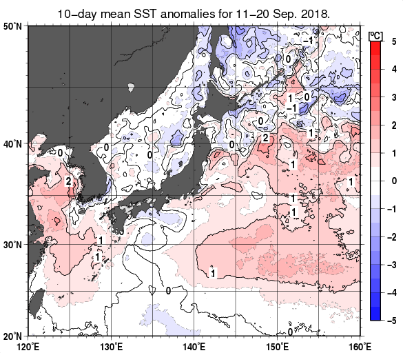 日本近海の旬平均海面水温平年差分布図（2018年9月中旬）