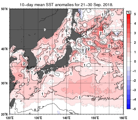 日本近海の旬平均海面水温平年差分布図（2018年9月下旬）