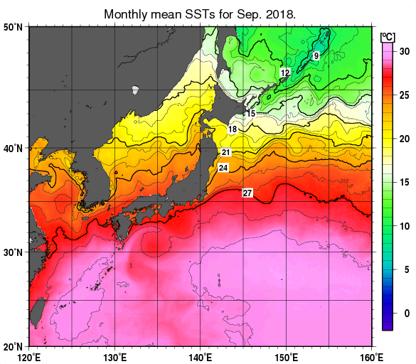 日本近海の月平均海面水温分布図（2018年9月）