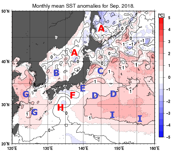 日本近海の月平均海面水温平年差分布図（2018年9月）