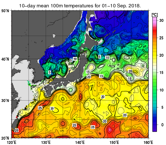日本近海の深さ100mの旬平均水温分布図（2018年9月上旬）