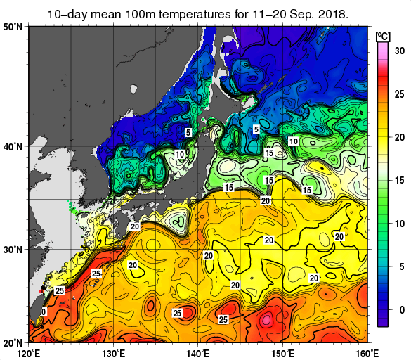 日本近海の深さ100mの旬平均水温分布図（2018年9月中旬）