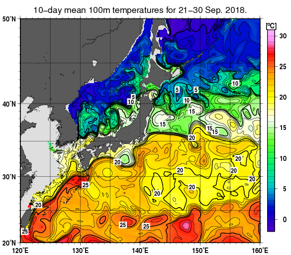 日本近海の深さ100mの旬平均水温分布図（2018年9月下旬）