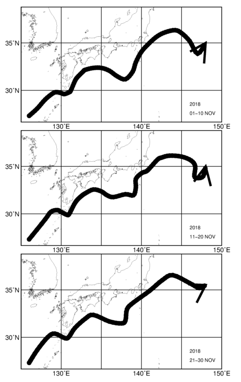 旬別黒潮流軸図（上段：2018年11月上旬、中段：11月中旬、下段：11月下旬）