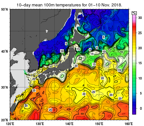 日本近海の深さ100mの旬平均水温分布図（2018年11月上旬）