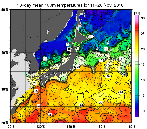 日本近海の深さ100mの旬平均水温分布図（2018年11月中旬）