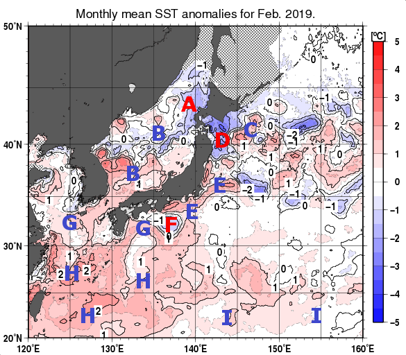 日本近海の月平均海面水温平年差分布図（2019年2月）