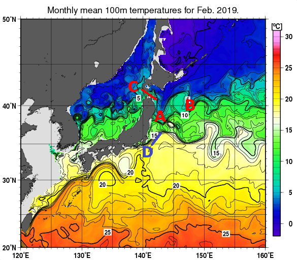 日本近海の深さ100mの月平均水温分布図（2019年2月）