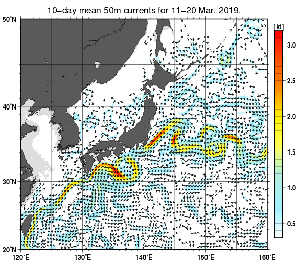 日本近海の深さ50mの旬平均海流分布図（2019年3月中旬）